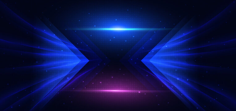 Arrow blue glowing on dark background. Hi tech speed light concept.