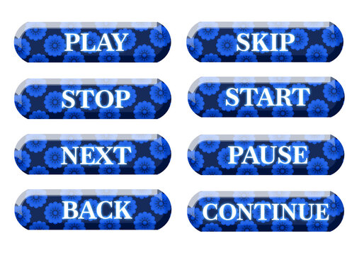 3D Neon Glow Text Blue Floral Button Set, Luminous Typography UI Labels with Play Start Stop Pause Next Skip Back Continue, Glossy Rounded Interface Elements, Futuristic Digital Design, Isolated 