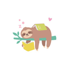 Fototapeta premium Cute Sloth Sleeping and Reading Book on Tree Branch Illustration, Concept of Slow Learning and Relaxation