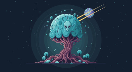 Mysterious Alien Tree with Planet and Stars in Cosmic Space © Safari