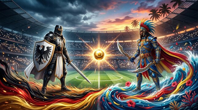A german knight and an aztec warrior face each other on a vibrant soccer stadium field