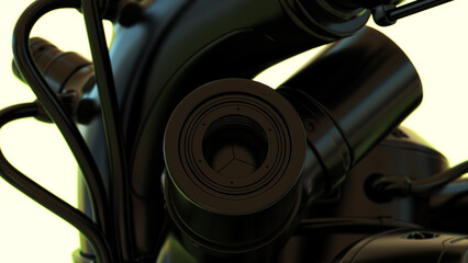 abstract mechanical machinery engine metallic black glossy shiny pipe tube valve cylinder industrial technology futuristic closeup detailed macro sci-fi 3d illustration