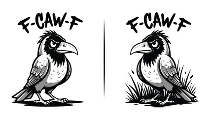 Naklejka premium Two cartoon ravens with the text f caw f are displayed in a black and white illustration