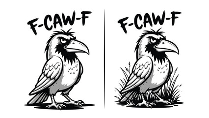 Naklejka premium Two stylized illustrations depict a fierce looking raven amongst tall blades of grass