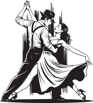 Elegant couple in vintage clothing performing an intense and passionate tango dance move on stage isolated on transparent background, Vector, illustration