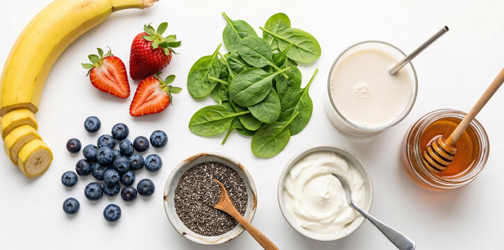 A selection of fruit and ingredients for a healthy breakfast isolated on white background