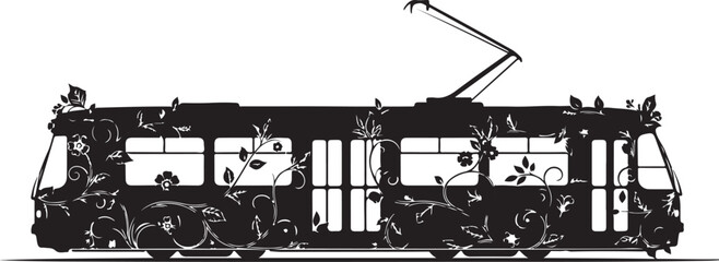 Obraz premium Black silhouette of a tram with floral decorations