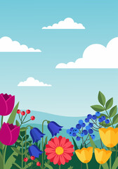 Fototapeta premium Vibrant Spring Garden Illustration with Colorful Tulips and Bluebells Vector Art