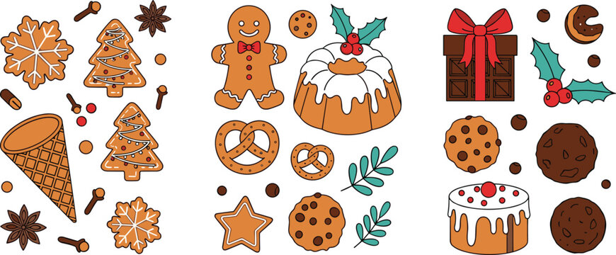 Christmas cookies vector set with gingerbread, biscuits, cakes, pretzels and festive holiday sweets in cute flat illustration style