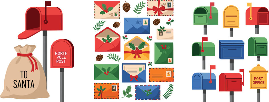 Christmas mail vector set with envelopes, letters to Santa, mailboxes and holiday postal elements in festive flat illustration style
