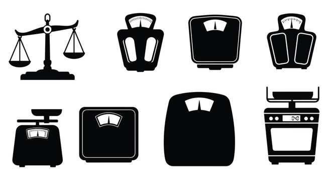 Collection of kitchen scales and toaster icons in black silhouette