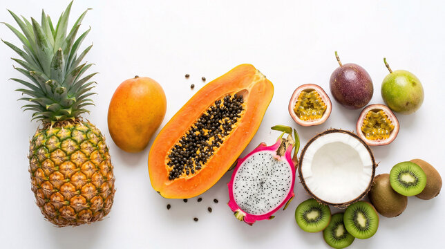 A variety of exotic fruits including pineapple and kiwi isolated on white background