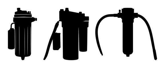 Portable water filtration device set with solid black silhouette against white background featuring survival equipment, eco‑tech design, filtration technology with adventure gear and sustainability © MdBiplob