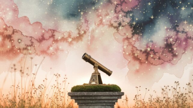 Telescope Silhouette at Sunset with Stars, Dreamy Fantasy Landscape Background