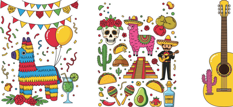 Cinco de Mayo vector set with pi&ntilde;ata, mariachi, tacos, cactus, guitar and festive Mexican celebration elements in colorful flat illustration style
