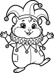 Fototapeta premium Cute Jester Hamster Coloring Page Adorable Clown Hamster Black and White Outline.eps