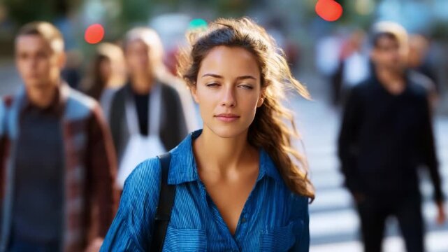 A confident young woman walks through a bustling city street, surrounded by blurred figures, showcasing determination and strength in a fast-paced environment.