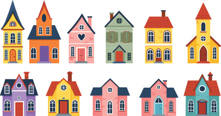 Naklejka premium Colorful houses vector set with cute residential buildings, suburban homes and charming architecture in playful flat illustration style