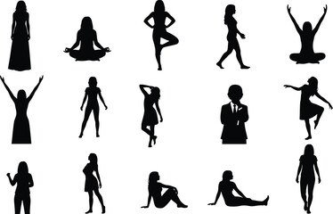 Fototapeta premium Collection of 14 black silhouette yoga poses for women