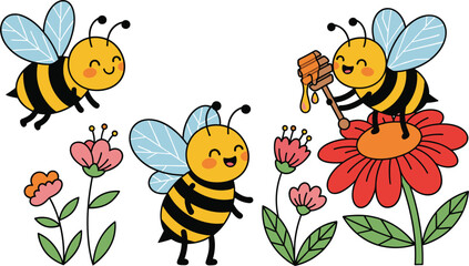 Cute bees collection with flowers and honey, cartoon happy insects pollinating garden plants vector set © MdNazmul