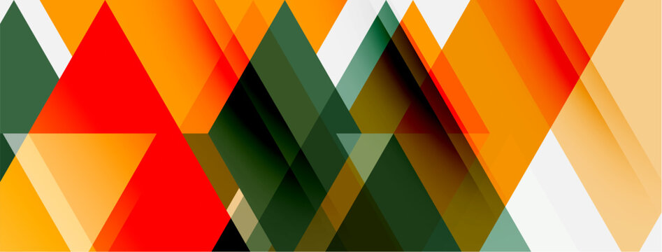 Abstract geometric composition. Overlapping triangles, parallelograms create dynamic visual texture. Warm colors dominate design.