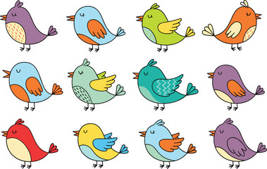 Fototapeta premium Cute colorful birds collection with simple cartoon birds in different poses vector set