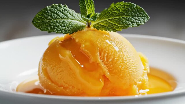 Close-Up of a Scoop of Orange Sorbet Garnished With Mint Leaves and Drizzled With Syrup