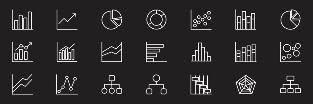 Data Analytics and Business Chart Line Icon Set with Financial Graphs Statistics and Dashboard Elements Minimal Two Tone Vector Illustration for UI UX Web Design. Minimalist Pie Chart Icon Set Vector