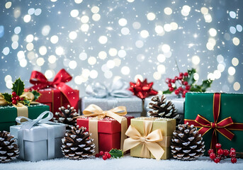 Obraz premium Christmas gifts surrounded by decorative pine cones and festive ribbon bows