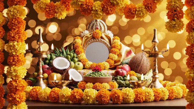 Traditional puthandu items kanni, kuthuvilakku, mangai pachadi, with marigold garlands and golden bokeh.