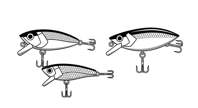 Three realistic fishing lures, designed to mimic baitfish, isolated on white background.