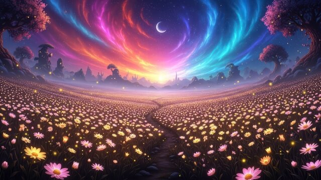 Celestial Bloom: A surreal meadow blooms beneath a swirling, vibrant sky, where hues of vibrant colors blend harmoniously. The landscape is a dreamscape.