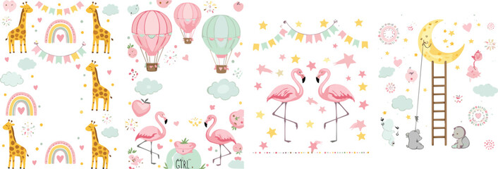 Obraz premium Cute nursery vector set with giraffes, flamingos, rainbows, hot air balloons, moon and baby animals in soft pastel cartoon illustration style