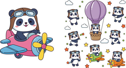 Cute panda pilot vector set with cartoon panda flying airplane, hot air balloon and aviation elements in playful kids illustration style © MdNazmul