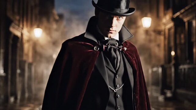 Mysterious Figure in Victorian Era Street Scene.