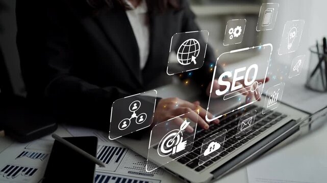 SEO concept for improving SEO visibility, with SEO related digital tools and SEO performance icons shown in an focused layout for strategic marketing. Muxer
