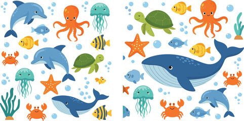 Cute sea animals vector set with whale, dolphin, octopus, turtle, crab and colorful marine life in playful cartoon flat illustration style © MdNazmul