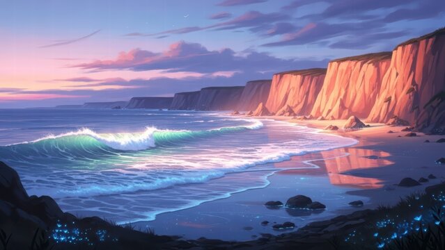 Coastal Dreamscape at Dusk: The calm ocean waves gently kiss a sandy shore at sunset, a serene scene of cliffs overlooking the water, inviting calm reflection.