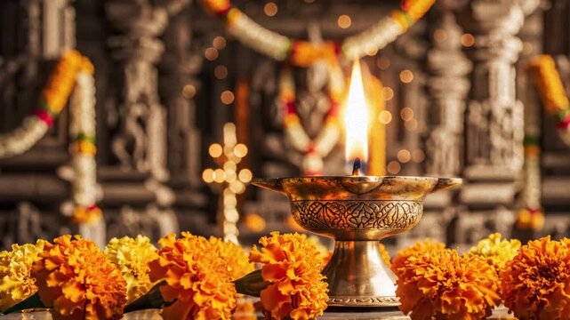 An auspicious kuthuvilakku lamp and marigold flowers mark puthandu, the vibrant tamil new year.