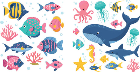 Cute underwater sea animals vector set with colorful fish, whale, octopus, shark, jellyfish and coral reef elements in cartoon flat illustration style © MdNazmul