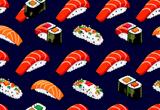 Vibrant seamless pattern featuring various types of fresh sushi rolls on a dark background for japanese restaurant menus creative food packaging and fun textiles.