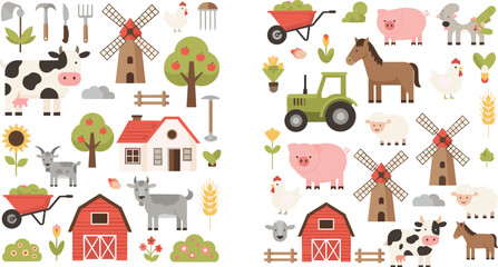Fototapeta premium Farm life vector set with animals, tractor, barn, windmill, crops and rural agriculture elements in colorful flat cartoon illustration style