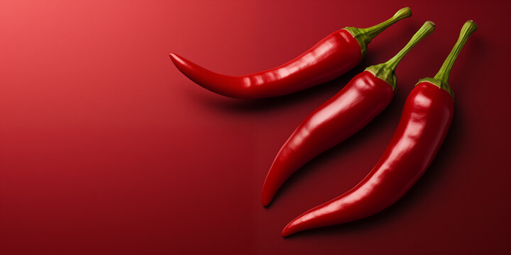 Top view composition of fresh red chili peppers on a smooth deep red background. Clean and minimal composition with strong color contrast and generous copy space