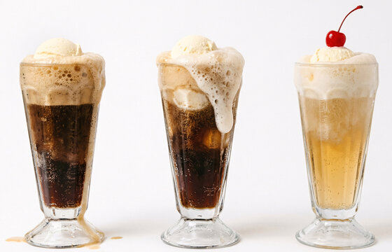 Three glasses of soda with creamy foam toppings isolated on white background