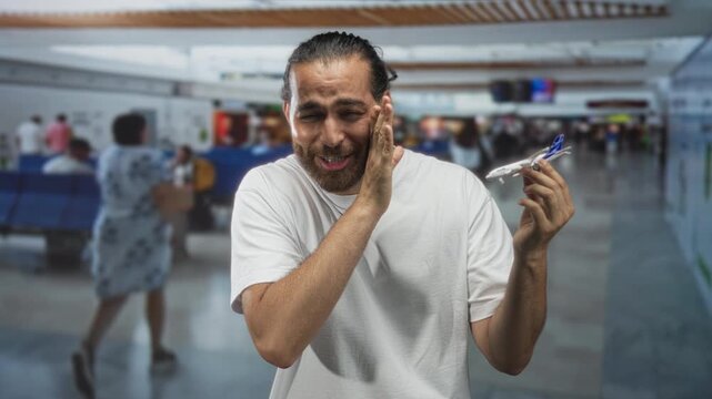 Man holding toy airplane, smiling with hand on cheek for toothache in busy airport terminal with rows of blue seats and passengers; playful wanderlust.