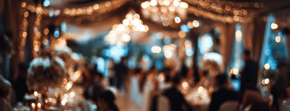 Elegant wedding reception with soft lighting and decorated tables  