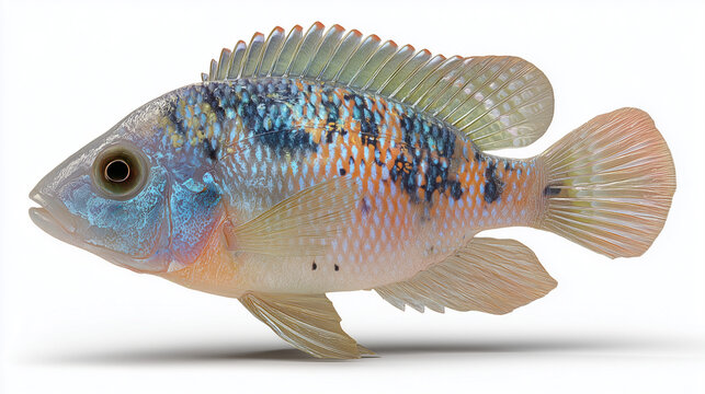 A colorful cichlid fish with blue and orange patterns swimming gracefully. The fish has a streamlined body and prominent fins, showcasing its vibrant colors.