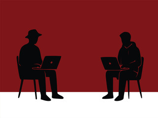 Fototapeta premium Two People Working Remotely on Laptops Silhouette Concept