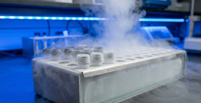 Cryogenic Storage Vial Rack with Frosted Glass in Biotech Laboratory