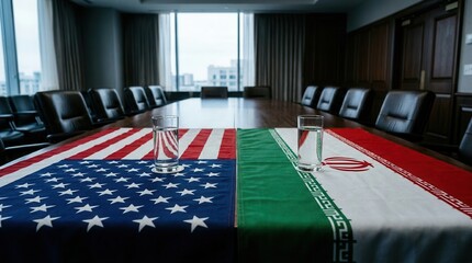 United States and Iran flags laid out on a large conference table with two water glasses. Concept of international diplomacy and negotiation.